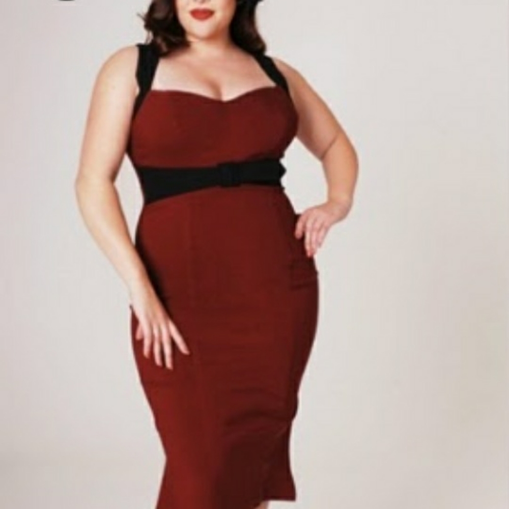 Pinup Girl Couture Dress 2X Wiggle Design Dark Red Black